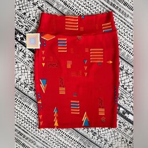 NWT LulaRoe Cassie Skirt Red Abstract Blue and Cream Designs Size Medium